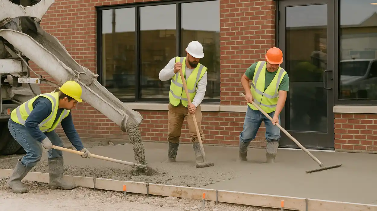 3 concrete contractors spreading concrete on the ground for a sidewalk from Concrete Tree Phoenix in Phoenix, AZ - Concrete Cutting Company