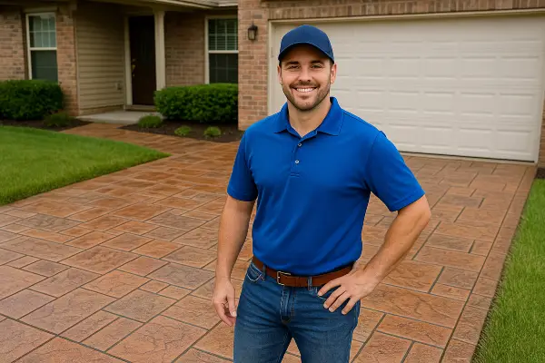 a concrete contractor smiling at the camera with stamped concrete behind him from Concrete Tree Phoenix in Phoenix, AZ - Concrete footing