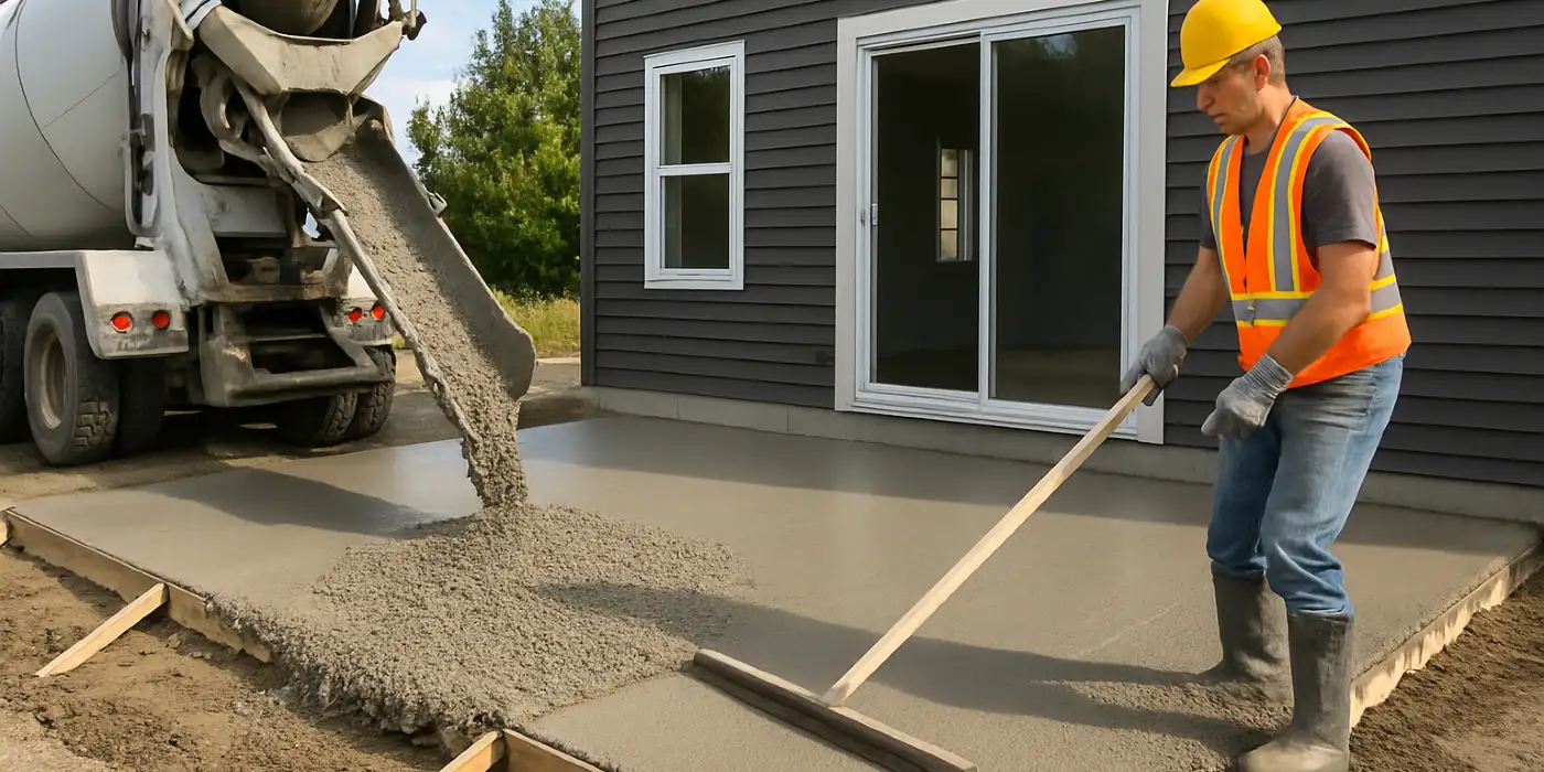 a man spreading the cement a truck is pouring to build a patio from Concrete Tree Phoenix in Phoenix, AZ - concrete slab foundation