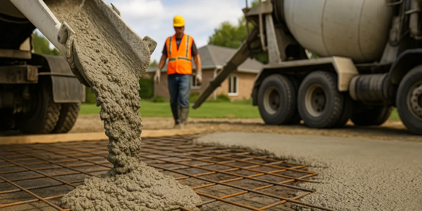 Cement truck pouring cement on a rebared ground from Concrete Tree Phoenix in Phoenix, AZ - Concrete Steps Building