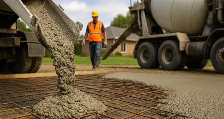Cement truck pouring cement on a rebared ground from Concrete Tree Phoenix in Phoenix, AZ - Concrete Steps Building