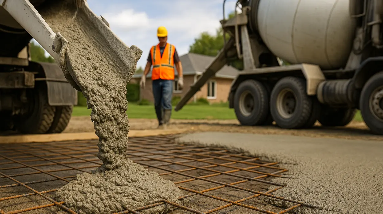 Cement truck pouring cement on a rebared ground from Concrete Tree Phoenix in Phoenix, AZ - Residential Concrete Repairs